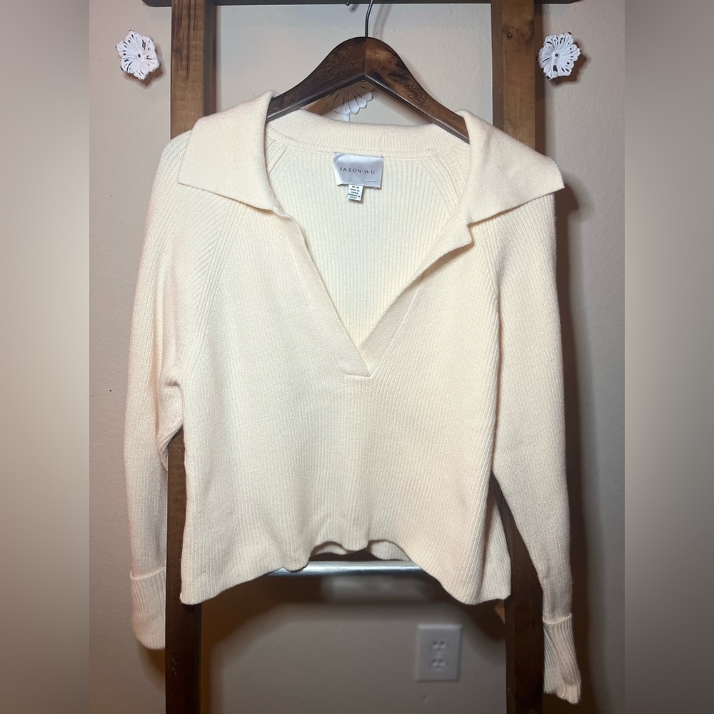 Jason Wu Ivory V Neck Johnny Collar Sweater Size M